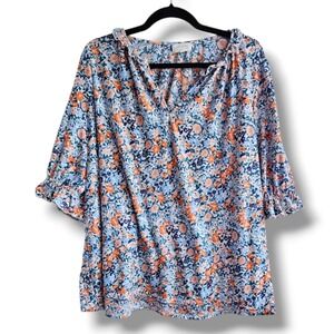 Melloday Blue Floral V-Neck Ruffle Plus Size Oversized Blouse Size 1X